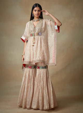 Kisneel By Pam Mehta-Nude Metallic Kaftan With Gharara-INDIASPOPUP.COM