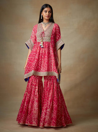 Kisneel By Pam Mehta-Fuchsia Printed Kaftan With Gharara-INDIASPOPUP.COM