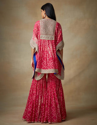Kisneel By Pam Mehta-Fuchsia Printed Kaftan With Gharara-INDIASPOPUP.COM