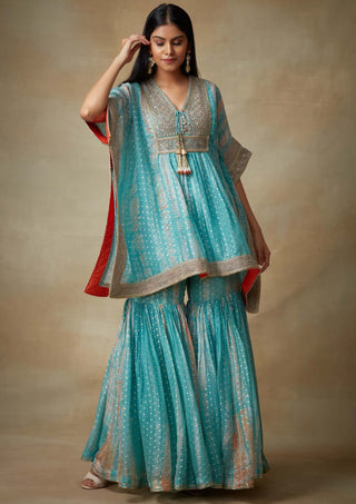 Kisneel By Pam Mehta-Aqua Kaftan With Gharara-INDIASPOPUP.COM