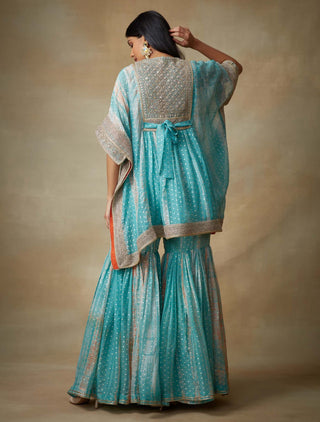 Kisneel By Pam Mehta-Aqua Kaftan With Gharara-INDIASPOPUP.COM