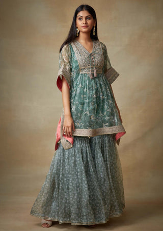 Kisneel By Pam Mehta-Blue Printed Kaftan With Gharara-INDIASPOPUP.COM
