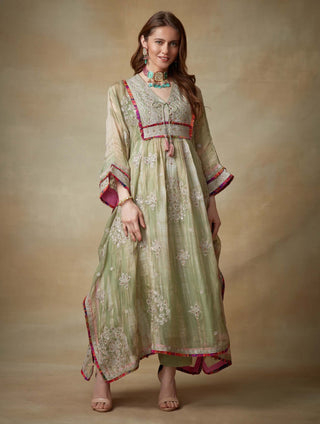 Kisneel By Pam Mehta-Green Metallic Kaftan And Pants-INDIASPOPUP.COM