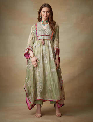 Kisneel By Pam Mehta-Green Metallic Kaftan And Pants-INDIASPOPUP.COM