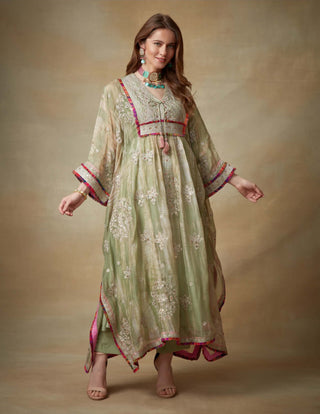 Kisneel By Pam Mehta-Green Metallic Kaftan And Pants-INDIASPOPUP.COM