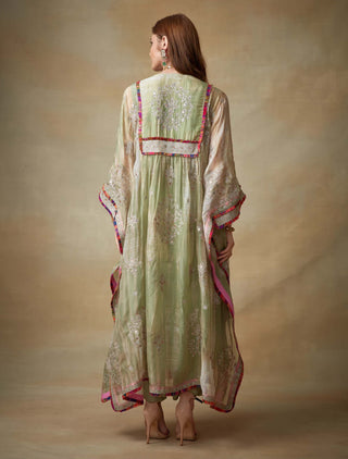 Kisneel By Pam Mehta-Green Metallic Kaftan And Pants-INDIASPOPUP.COM