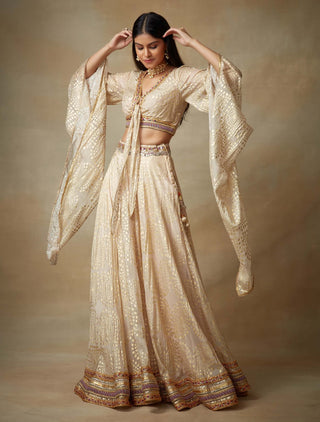 Kisneel By Pam Mehta-Champagne Metallic Lehenga And Choli-INDIASPOPUP.COM