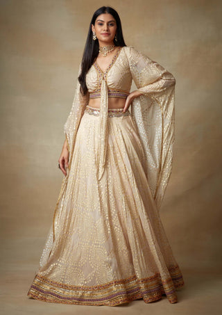 Kisneel By Pam Mehta-Champagne Metallic Lehenga And Choli-INDIASPOPUP.COM