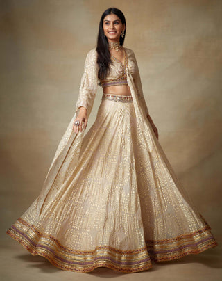 Kisneel By Pam Mehta-Champagne Metallic Lehenga And Choli-INDIASPOPUP.COM