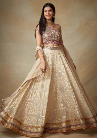 Kisneel By Pam Mehta-Champagne Metallic Lehenga And Blouse-INDIASPOPUP.COM