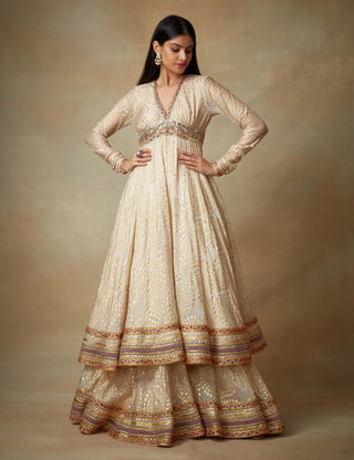 Kisneel By Pam Mehta-Champagne Foil Anarkali And Lehenga-INDIASPOPUP.COM