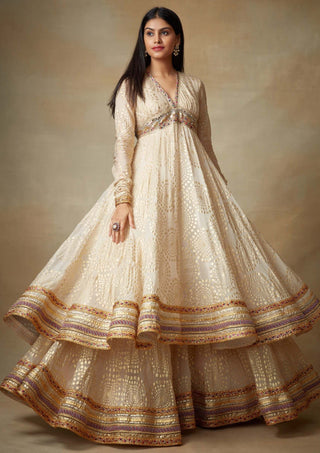 Kisneel By Pam Mehta-Champagne Foil Anarkali And Lehenga-INDIASPOPUP.COM