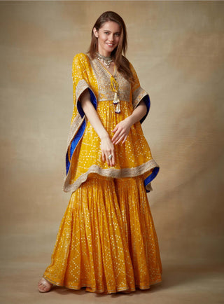 Kisneel By Pam Mehta-Yellow Printed Kaftan With Garara-INDIASPOPUP.COM
