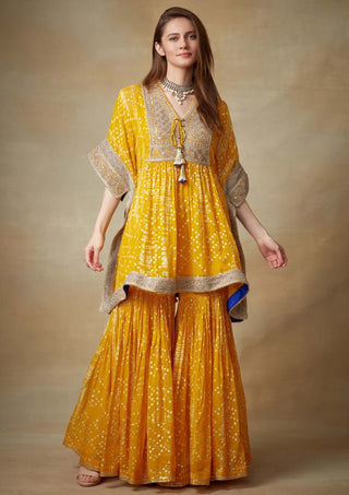 Kisneel By Pam Mehta-Yellow Printed Kaftan With Garara-INDIASPOPUP.COM