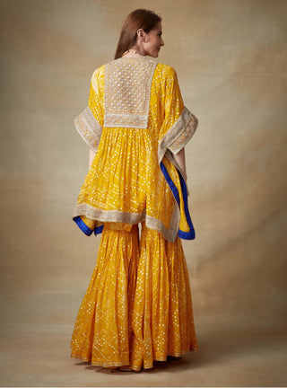 Kisneel By Pam Mehta-Yellow Printed Kaftan With Garara-INDIASPOPUP.COM