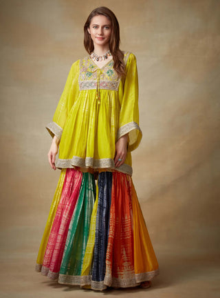 Kisneel By Pam Mehta-Lime Kaftan With Multicolour Gharara-INDIASPOPUP.COM