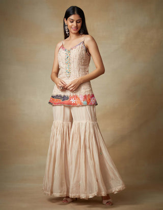 Kisneel By Pam Mehta-Champagne Metallic Jacket And Gharara Set-INDIASPOPUP.COM