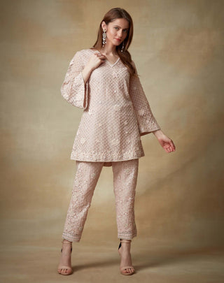 Kisneel By Pam Mehta-Pink Embellished Kurta And Pants-INDIASPOPUP.COM