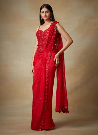 Kisneel By Pam Mehta-Red Sequin Sari And Corset-INDIASPOPUP.COM