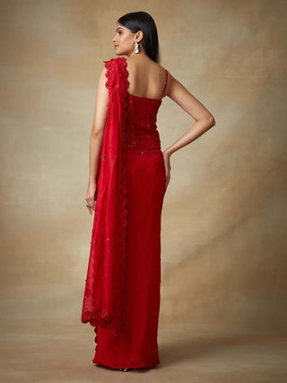 Kisneel By Pam Mehta-Red Sequin Sari And Corset-INDIASPOPUP.COM