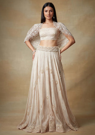 Kisneel By Pam Mehta-Champagne Sequin Cape And Lehenga Set-INDIASPOPUP.COM