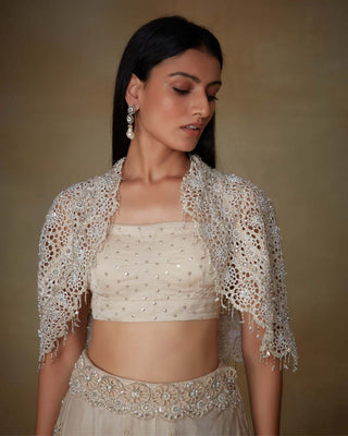 Kisneel By Pam Mehta-Champagne Sequin Cape And Lehenga Set-INDIASPOPUP.COM