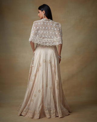 Kisneel By Pam Mehta-Champagne Sequin Cape And Lehenga Set-INDIASPOPUP.COM