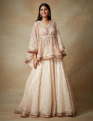 Kisneel By Pam Mehta-Peach Metallic Cape And Lehenga-INDIASPOPUP.COM