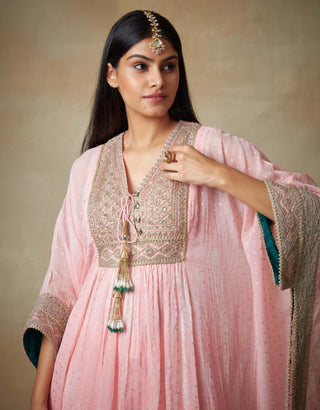 Kisneel By Pam Mehta-Pink Kaftan With Straight Pants-INDIASPOPUP.COM