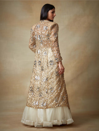 Kisneel By Pam Mehta-Gold Ivory Sequin Jacket And Lehenga Set-INDIASPOPUP.COM