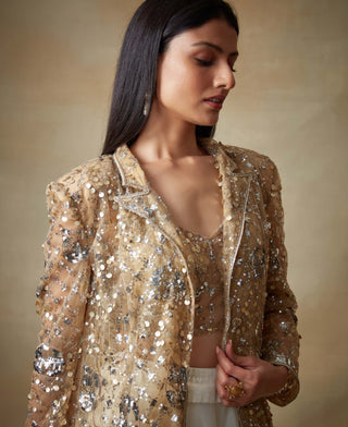 Kisneel By Pam Mehta-Gold Ivory Sequin Jacket And Lehenga Set-INDIASPOPUP.COM