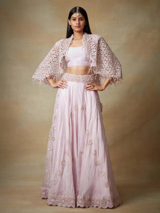 Kisneel By Pam Mehta-Pink Sequin Cape And Lehenga Set-INDIASPOPUP.COM