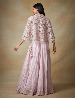 Kisneel By Pam Mehta-Pink Sequin Cape And Lehenga Set-INDIASPOPUP.COM