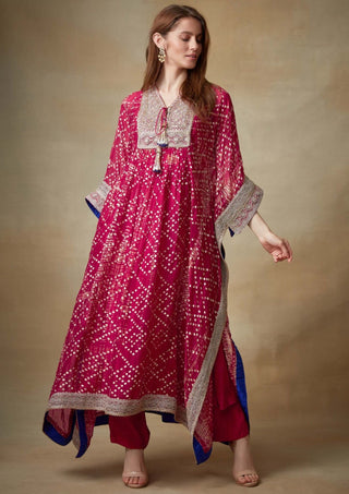 Kisneel By Pam Mehta-Fuchsia Kaftan With Straight Pants-INDIASPOPUP.COM