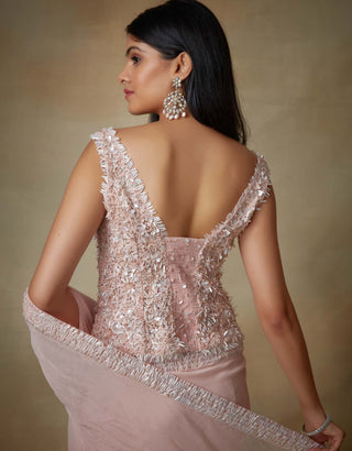Kisneel By Pam Mehta-Blush Pink Pre-Stitched Sari-INDIASPOPUP.COM