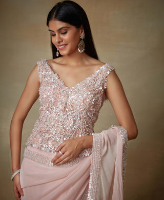 Kisneel By Pam Mehta-Blush Pink Pre-Stitched Sari-INDIASPOPUP.COM