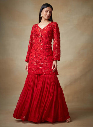 Kisneel By Pam Mehta-Red Embroidered Kurti Gharara Set-INDIASPOPUP.COM