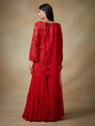 Kisneel By Pam Mehta-Red Embroidered Kurti Gharara Set-INDIASPOPUP.COM