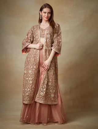 Kisneel By Pam Mehta-Peach Sequin Jacket And Gharara Set-INDIASPOPUP.COM