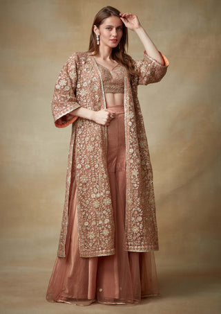 Kisneel By Pam Mehta-Peach Sequin Jacket And Gharara Set-INDIASPOPUP.COM