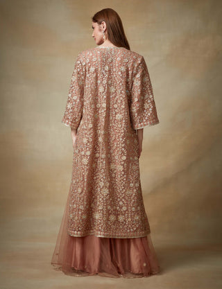 Kisneel By Pam Mehta-Peach Sequin Jacket And Gharara Set-INDIASPOPUP.COM