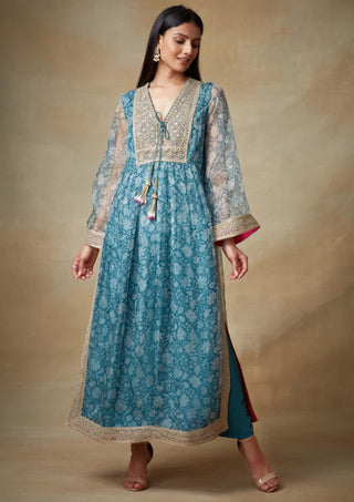 Kisneel By Pam Mehta-Blue Chiffon Straight Kurta Set-INDIASPOPUP.COM