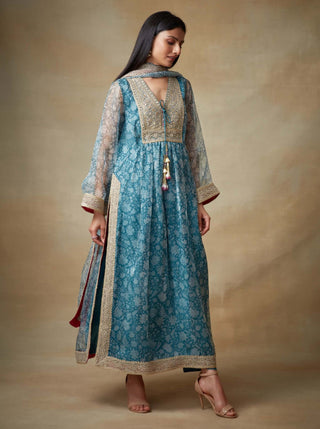 Kisneel By Pam Mehta-Blue Chiffon Straight Kurta Set-INDIASPOPUP.COM