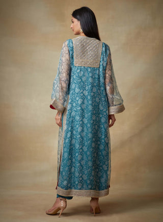 Kisneel By Pam Mehta-Blue Chiffon Straight Kurta Set-INDIASPOPUP.COM