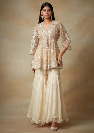 Kisneel By Pam Mehta-Ivory Embroidered Kurta With Gharara-INDIASPOPUP.COM