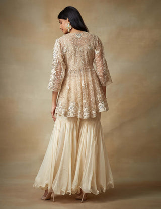 Kisneel By Pam Mehta-Ivory Embroidered Kurta With Gharara-INDIASPOPUP.COM