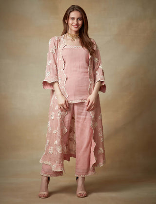 Kisneel By Pam Mehta-Blush Pink Linen Jacket And Camisole Set-INDIASPOPUP.COM