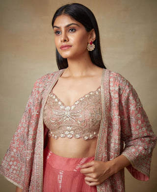 Kisneel By Pam Mehta-Coral Embroidered Jacket And Gharara Set-INDIASPOPUP.COM