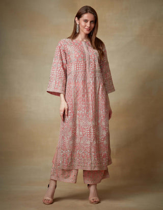 Kisneel By Pam Mehta-Coral Embroidered Kurta And Pants-INDIASPOPUP.COM