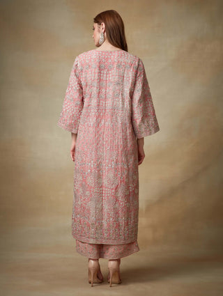 Kisneel By Pam Mehta-Coral Embroidered Kurta And Pants-INDIASPOPUP.COM